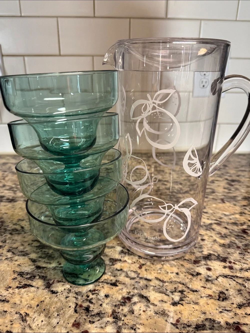 kate spade Clear Pitcher with Teal Glasses and White Citrus Motif